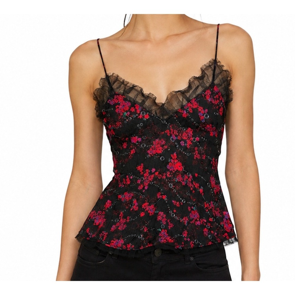 IRO Dasher Black Floral Lace Trim Cami Top Size 32 0 Boho Romantic Designer